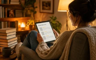 A person browsing book reviews on a phone or tablet while sitting in a cozy reading chair, a stack of unmarked books nearby, warm soft lighting, no identifiable titles or covers visible.yes or no to reading book reviews before starting a new book featured image.
