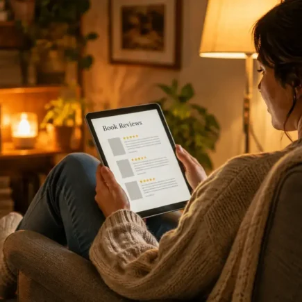 A person browsing book reviews on a phone or tablet while sitting in a cozy reading chair, a stack of unmarked books nearby, warm soft lighting, no identifiable titles or covers visible.yes or no to reading book reviews before starting a new book featured image.