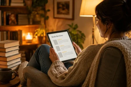 A person browsing book reviews on a phone or tablet while sitting in a cozy reading chair, a stack of unmarked books nearby, warm soft lighting, no identifiable titles or covers visible.yes or no to reading book reviews before starting a new book featured image.