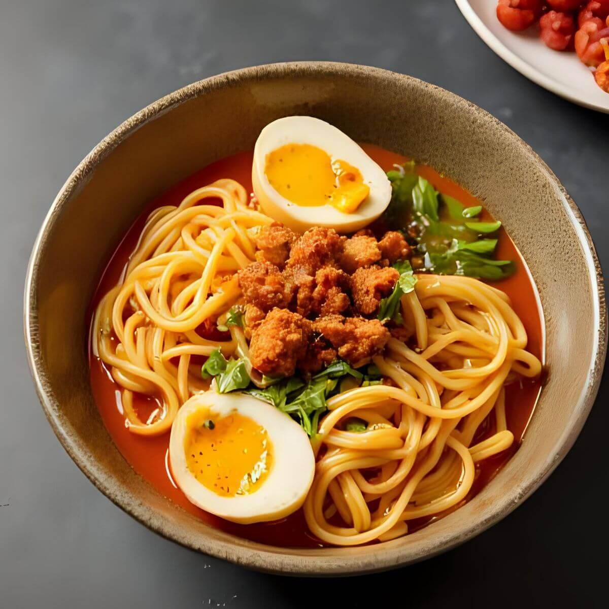 A bowl of spicy ramen topped with crispy crumbled meat, fresh greens, and a soft-boiled egg—an easy and flavorful ramen hack for quick meals.