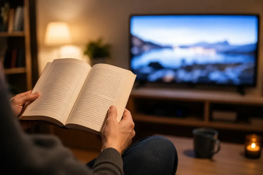 A person's hands holding an open book with a blurred television screen visible in the background, symbolic and generic, no copyrighted characters or titles visible.