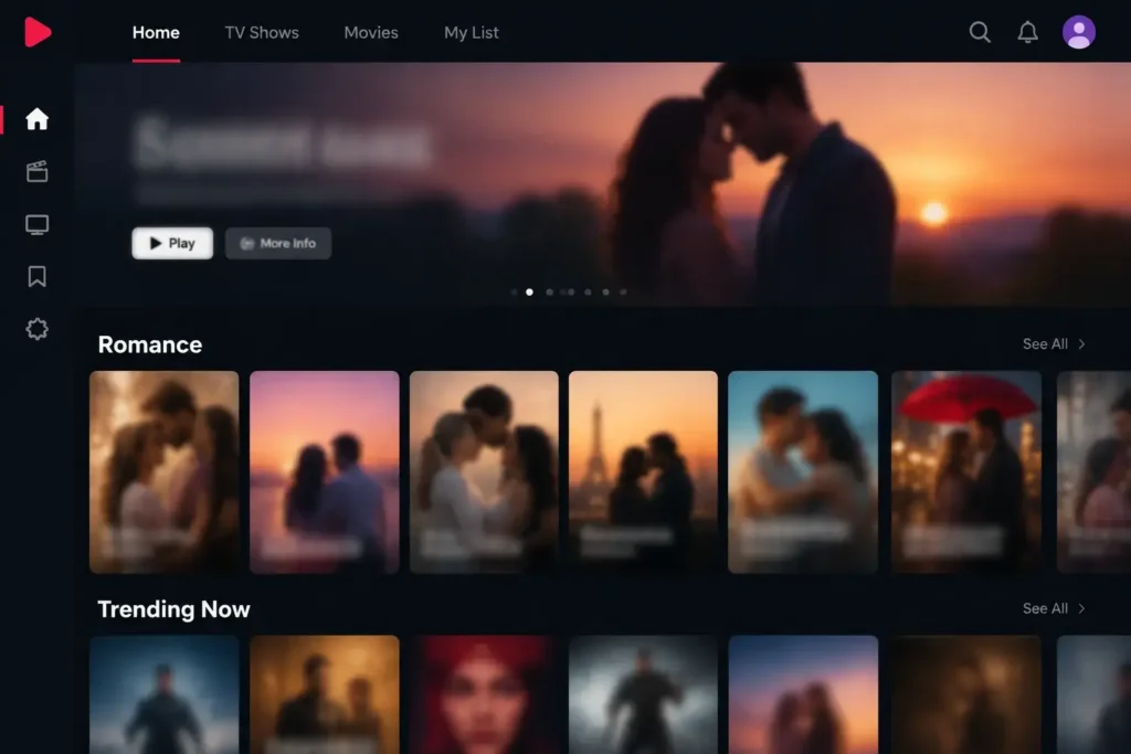 A generic streaming app browse screen with blurred, unidentifiable thumbnails under a romance genre category row, clean simple UI mockup, no real titles visible.