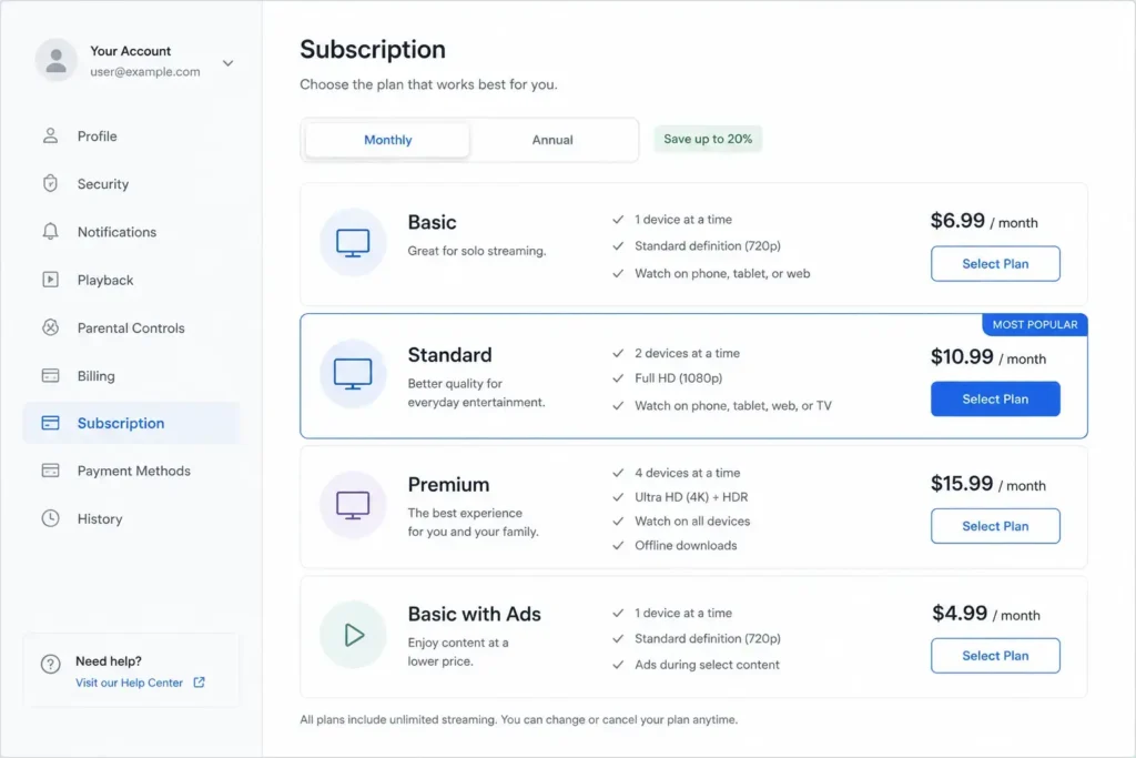 Close-up of a generic streaming service account settings screen showing a plan selection page, monthly vs annual options visible, clean simple UI mockup.