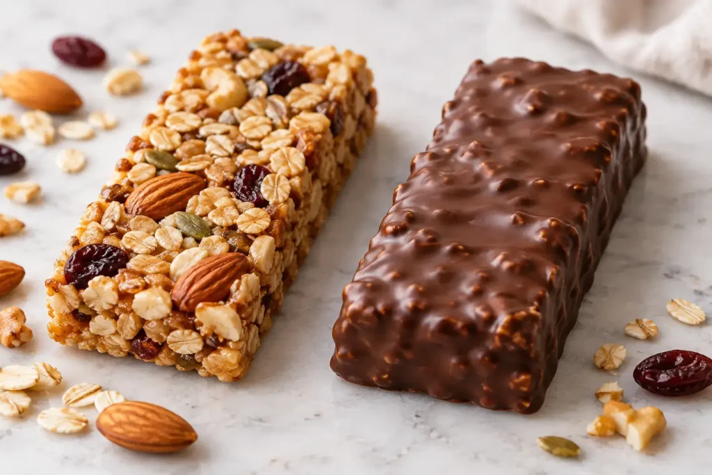 A side-by-side comparison of a plain oat-and-nut granola bar next to a chocolate-coated granola bar, clean editorial styling, no identifiable branding.
