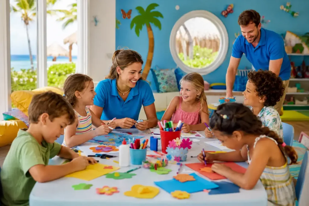 Children participating in a supervised kids' club activity at a resort, colorful and engaging setup, staff visible supervising, generic and unbranded.