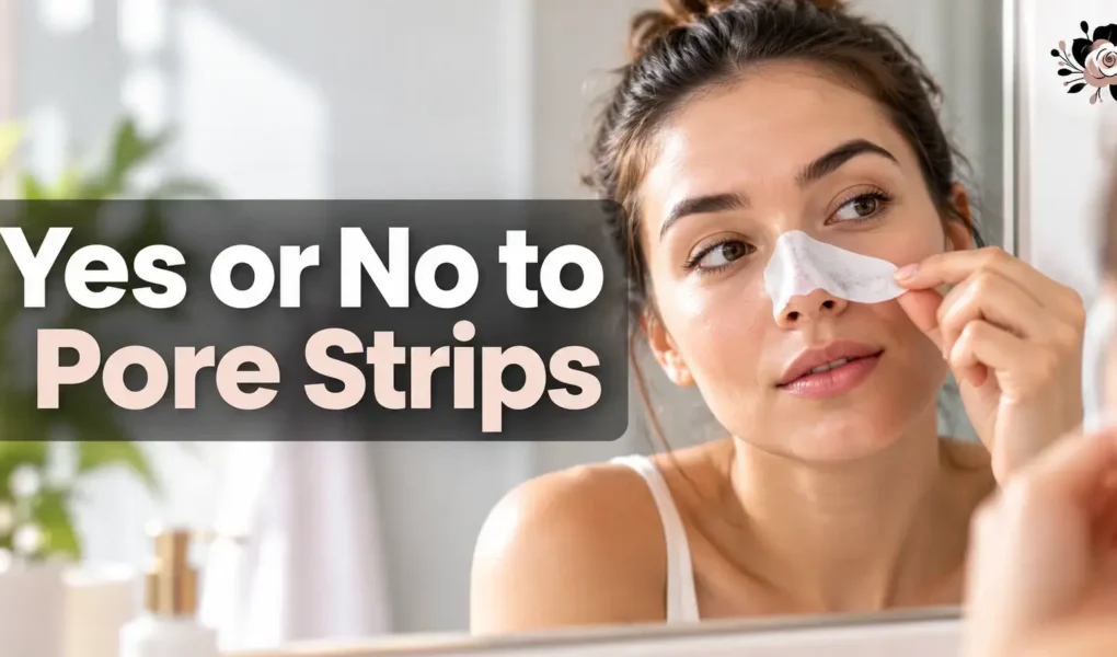 Yes or No to Pore Strips – Woman gently peeling a nose pore strip in front of a bathroom mirror, featuring the YesVsNo.net logo.