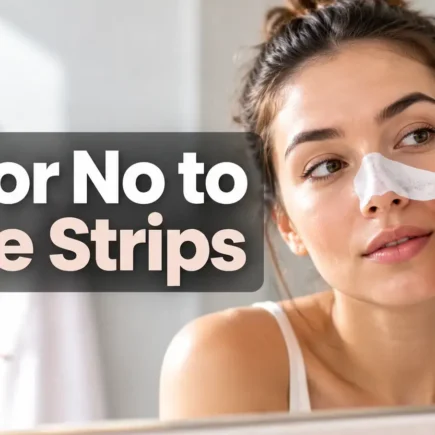 Yes or No to Pore Strips – Woman gently peeling a nose pore strip in front of a bathroom mirror, featuring the YesVsNo.net logo.
