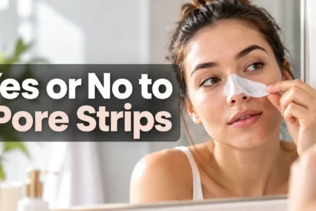 Yes or No to Pore Strips β Woman gently peeling a nose pore strip in front of a bathroom mirror, featuring the YesVsNo.net logo.