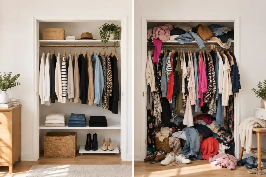 A simple visual contrast between a curated small closet with a couple of trend pieces and an overflowing closet stuffed with clothes, clean editorial styling, no identifiable branding.