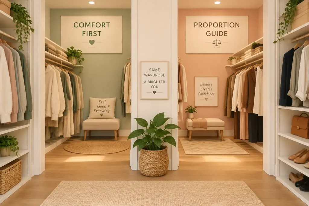 A simple, warm illustration of two paths in a closet, one labeled with a general 'comfort first' concept and one with a general 'proportion guide' concept, no specific body shapes or figures depicted.