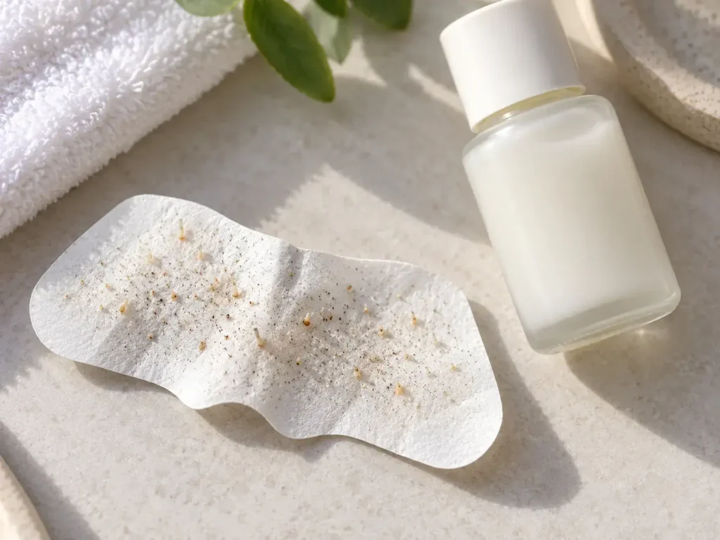 Used white pore strip with visible extracted debris placed beside a gentle moisturizer bottle on a neutral background, illustrating pore strip results for YesVsNo.net.