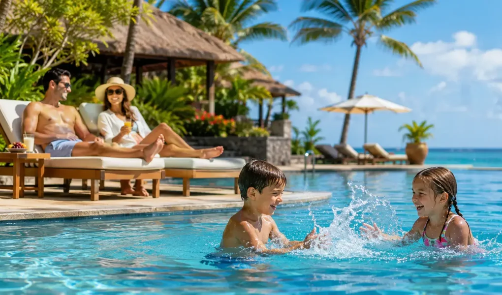 A family relaxing by a resort pool with kids playing in the water, bright tropical setting, warm inviting daylight, no identifiable resort branding.yes or no to all-inclusive resorts for family vacations featured image.