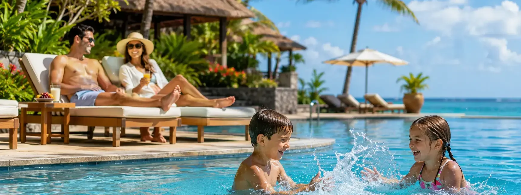 A family relaxing by a resort pool with kids playing in the water, bright tropical setting, warm inviting daylight, no identifiable resort branding.yes or no to all-inclusive resorts for family vacations featured image.