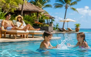 A family relaxing by a resort pool with kids playing in the water, bright tropical setting, warm inviting daylight, no identifiable resort branding.yes or no to all-inclusive resorts for family vacations featured image.
