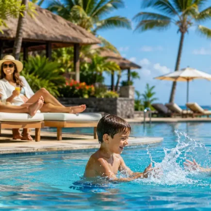 A family relaxing by a resort pool with kids playing in the water, bright tropical setting, warm inviting daylight, no identifiable resort branding.yes or no to all-inclusive resorts for family vacations featured image.