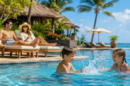 A family relaxing by a resort pool with kids playing in the water, bright tropical setting, warm inviting daylight, no identifiable resort branding.yes or no to all-inclusive resorts for family vacations featured image.