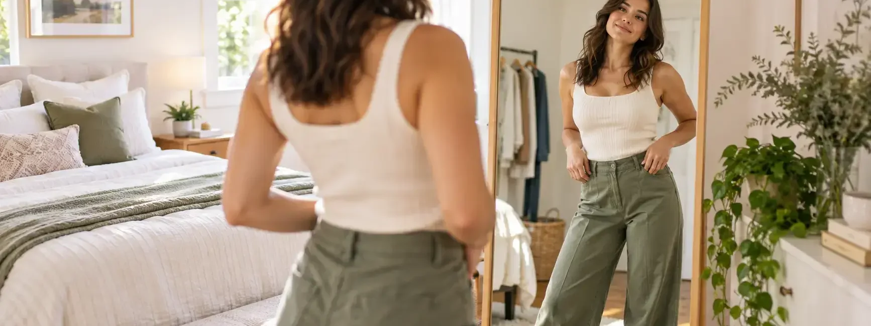A person confidently looking in a mirror while trying on an outfit in a bright, comfortable bedroom setting, genuine and relaxed mood, no identifiable individual or brand.yes or no to dressing for your body type featured image.