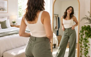 A person confidently looking in a mirror while trying on an outfit in a bright, comfortable bedroom setting, genuine and relaxed mood, no identifiable individual or brand.yes or no to dressing for your body type featured image.