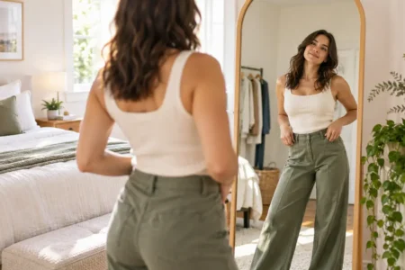 A person confidently looking in a mirror while trying on an outfit in a bright, comfortable bedroom setting, genuine and relaxed mood, no identifiable individual or brand.yes or no to dressing for your body type featured image.