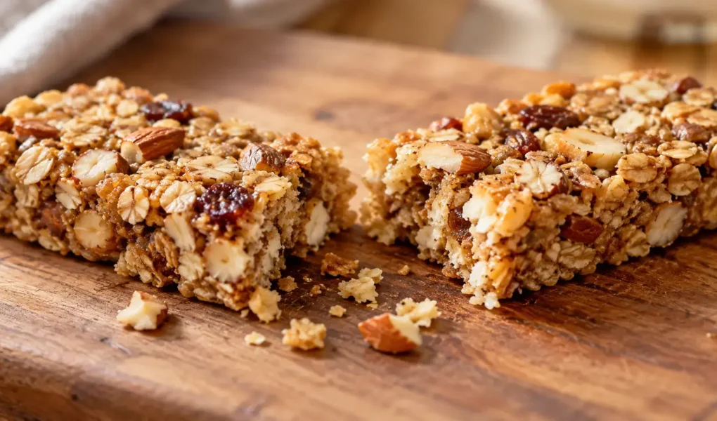 A close-up of a homemade-style oat and nut granola bar broken in half on a wooden board, natural light, realistic texture, no identifiable branding.: yes or no to granola bars as a healthy snack featured image.