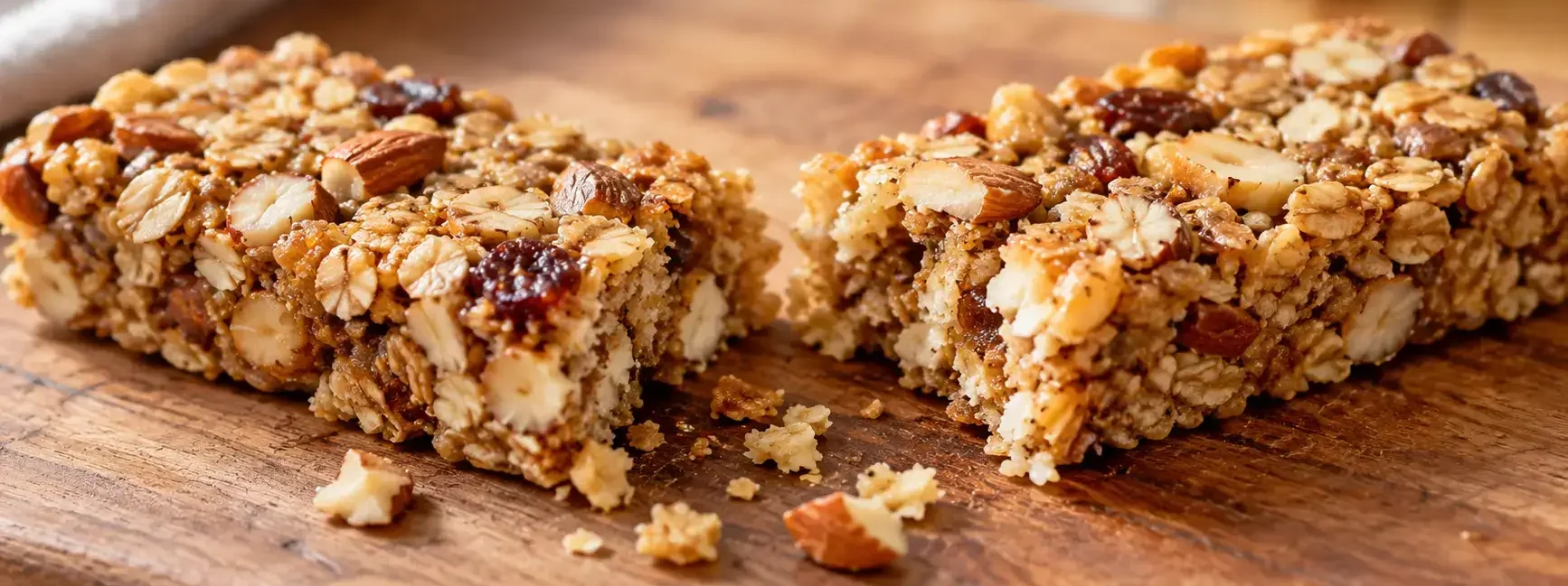 A close-up of a homemade-style oat and nut granola bar broken in half on a wooden board, natural light, realistic texture, no identifiable branding.: yes or no to granola bars as a healthy snack featured image.