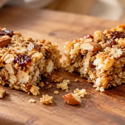 A close-up of a homemade-style oat and nut granola bar broken in half on a wooden board, natural light, realistic texture, no identifiable branding.: yes or no to granola bars as a healthy snack featured image.