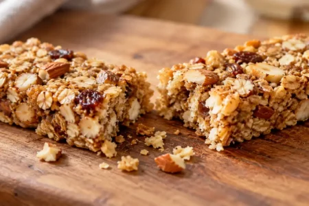 A close-up of a homemade-style oat and nut granola bar broken in half on a wooden board, natural light, realistic texture, no identifiable branding.: yes or no to granola bars as a healthy snack featured image.