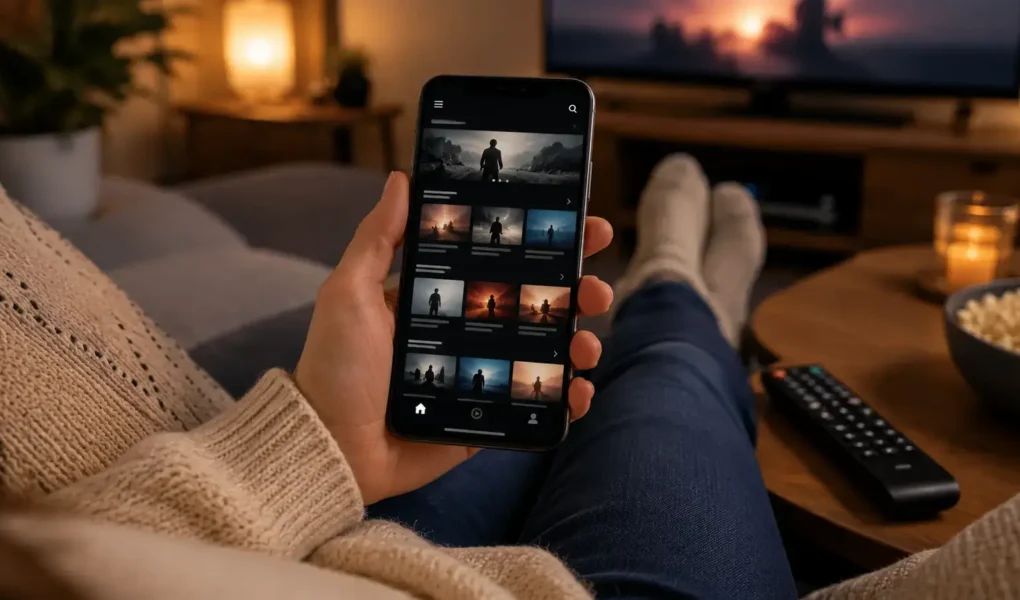 A person on a couch holding a phone showing a generic streaming app interface, remote control nearby, cozy evening lighting, no identifiable show titles or logos: yes or no to subscribing for one show featured image.