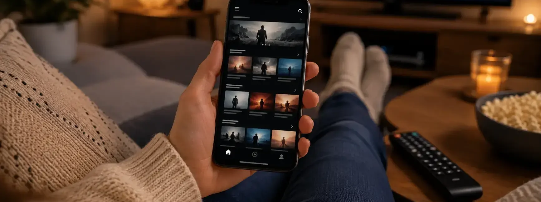 A person on a couch holding a phone showing a generic streaming app interface, remote control nearby, cozy evening lighting, no identifiable show titles or logos: yes or no to subscribing for one show featured image.