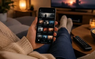 A person on a couch holding a phone showing a generic streaming app interface, remote control nearby, cozy evening lighting, no identifiable show titles or logos: yes or no to subscribing for one show featured image.