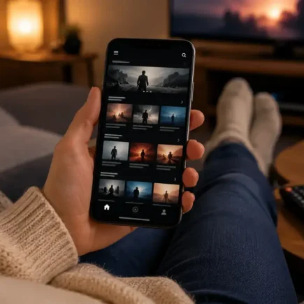 A person on a couch holding a phone showing a generic streaming app interface, remote control nearby, cozy evening lighting, no identifiable show titles or logos: yes or no to subscribing for one show featured image.