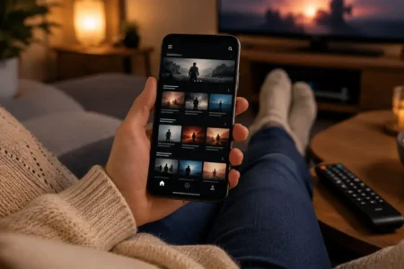 A person on a couch holding a phone showing a generic streaming app interface, remote control nearby, cozy evening lighting, no identifiable show titles or logos: yes or no to subscribing for one show featured image.