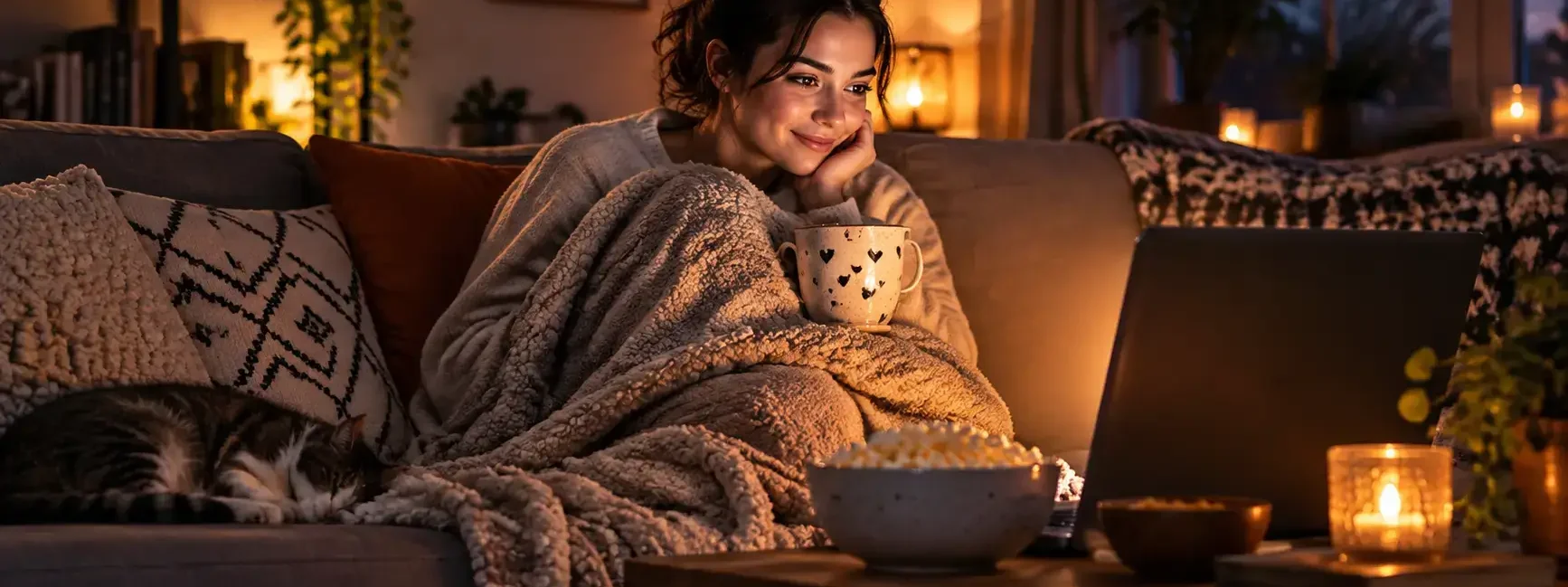 A generic streaming app browse screen with blurred, unidentifiable thumbnails under a romance genre category row, clean simple UI mockup, no real titles visible.yes or no to watching romance movies alone featured image.