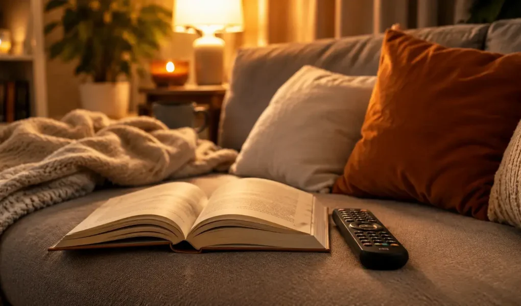 A cozy reading nook with an open book and a TV remote resting side by side on a couch, warm lighting, symbolizing the choice between reading and watching.yes or no to watching the movie before reading the book featured image.