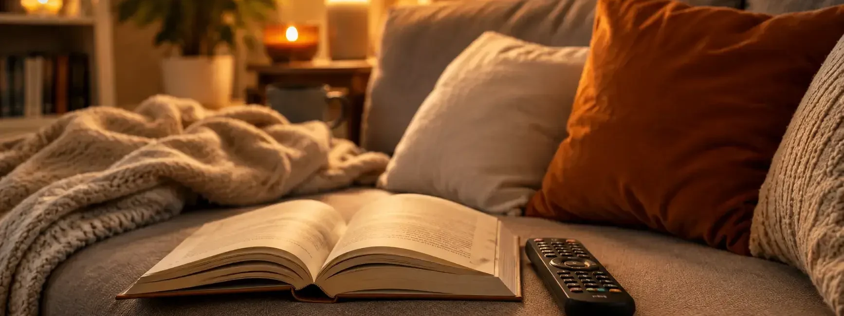 A cozy reading nook with an open book and a TV remote resting side by side on a couch, warm lighting, symbolizing the choice between reading and watching.yes or no to watching the movie before reading the book featured image.