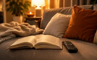 A cozy reading nook with an open book and a TV remote resting side by side on a couch, warm lighting, symbolizing the choice between reading and watching.yes or no to watching the movie before reading the book featured image.