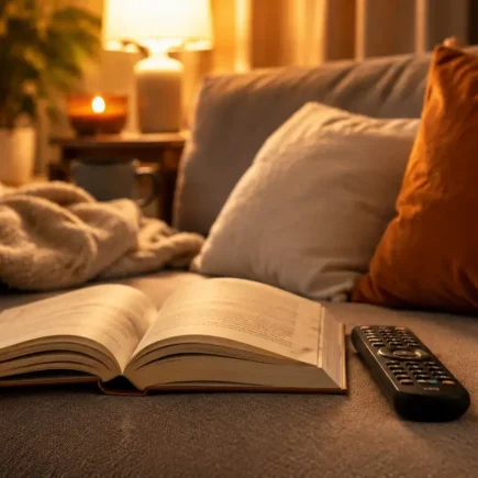 A cozy reading nook with an open book and a TV remote resting side by side on a couch, warm lighting, symbolizing the choice between reading and watching.yes or no to watching the movie before reading the book featured image.