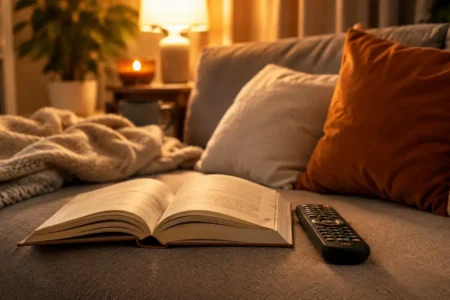A cozy reading nook with an open book and a TV remote resting side by side on a couch, warm lighting, symbolizing the choice between reading and watching.yes or no to watching the movie before reading the book featured image.