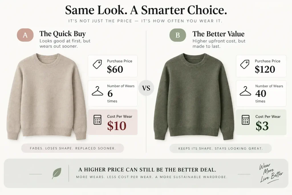A simple visual comparison of two similar garments with a cost-per-wear calculation illustration, clean infographic style, no identifiable brand names.