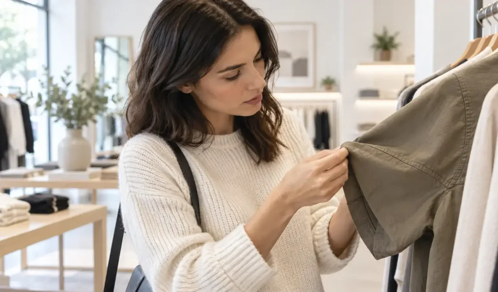 A person examining the fabric and stitching quality of a garment closely in a bright, minimal clothing shop, thoughtful and deliberate mood, no identifiable brand labels or logosyes or no to paying more for eco-friendly fashion featured image.