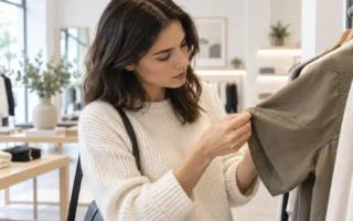 A person examining the fabric and stitching quality of a garment closely in a bright, minimal clothing shop, thoughtful and deliberate mood, no identifiable brand labels or logosyes or no to paying more for eco-friendly fashion featured image.