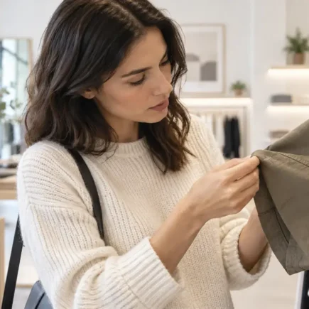 A person examining the fabric and stitching quality of a garment closely in a bright, minimal clothing shop, thoughtful and deliberate mood, no identifiable brand labels or logosyes or no to paying more for eco-friendly fashion featured image.