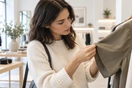 A person examining the fabric and stitching quality of a garment closely in a bright, minimal clothing shop, thoughtful and deliberate mood, no identifiable brand labels or logosyes or no to paying more for eco-friendly fashion featured image.