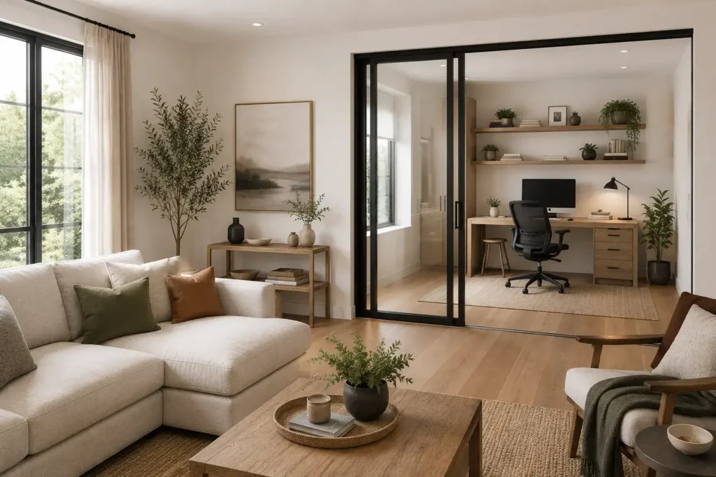 A hybrid living space using a sliding door or partial wall to separate a home office nook from an otherwise open living area, practical and modern styling.