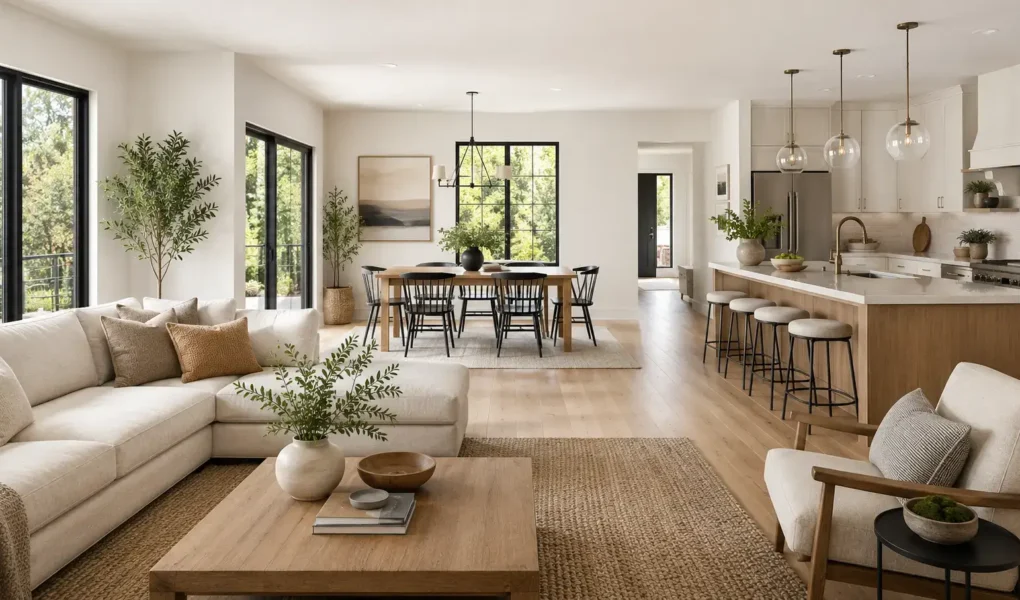 A bright, open-concept living, dining, and kitchen area with large windows and natural light flowing throughout, modern and airy styling, no identifiable branding.yes or no to open floor plans featured image.