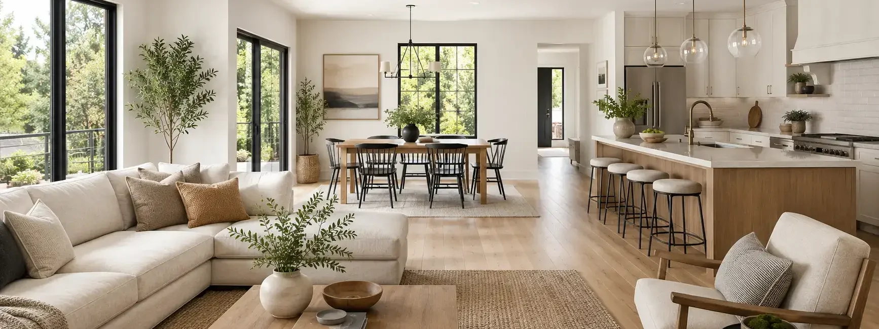 A bright, open-concept living, dining, and kitchen area with large windows and natural light flowing throughout, modern and airy styling, no identifiable branding.yes or no to open floor plans featured image.