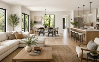 A bright, open-concept living, dining, and kitchen area with large windows and natural light flowing throughout, modern and airy styling, no identifiable branding.yes or no to open floor plans featured image.