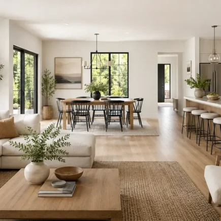 A bright, open-concept living, dining, and kitchen area with large windows and natural light flowing throughout, modern and airy styling, no identifiable branding.yes or no to open floor plans featured image.