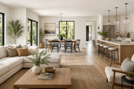 A bright, open-concept living, dining, and kitchen area with large windows and natural light flowing throughout, modern and airy styling, no identifiable branding.yes or no to open floor plans featured image.
