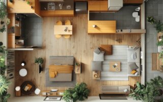 This image is an aerial view of a compact and thoughtfully designed apartment with a modern aesthetic. The layout includes a kitchen with wood cabinetry, a small dining table, a cozy living area with a sectional sofa and coffee table, and a bedroom featuring a bed with a mustard blanket. The space is accented with numerous green plants, blending nature with urban living, and includes a bathroom and outdoor balcony visible in the top right.